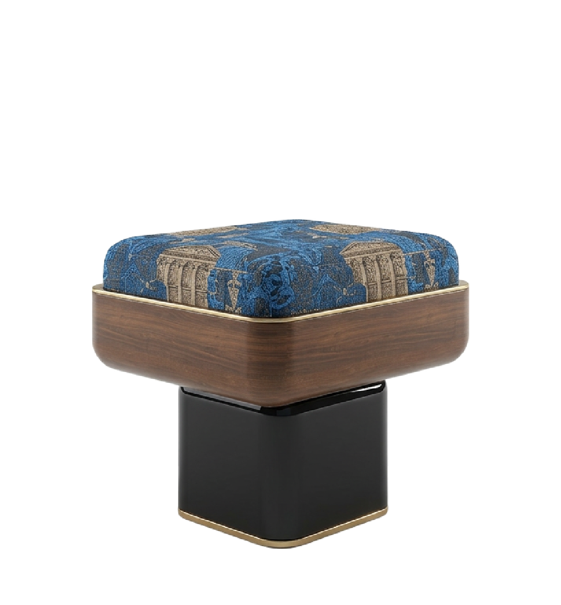 Reich stool with blue patterned upholstered seat, curved wood frame, and black pedestal base with brass detail.