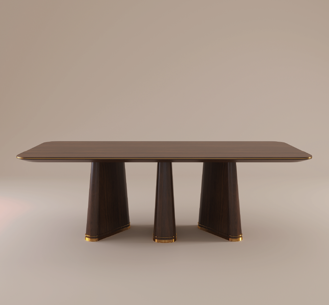 Strauss dining table with dark wood finish, sculptural tapered legs, and gold accents on a neutral background.