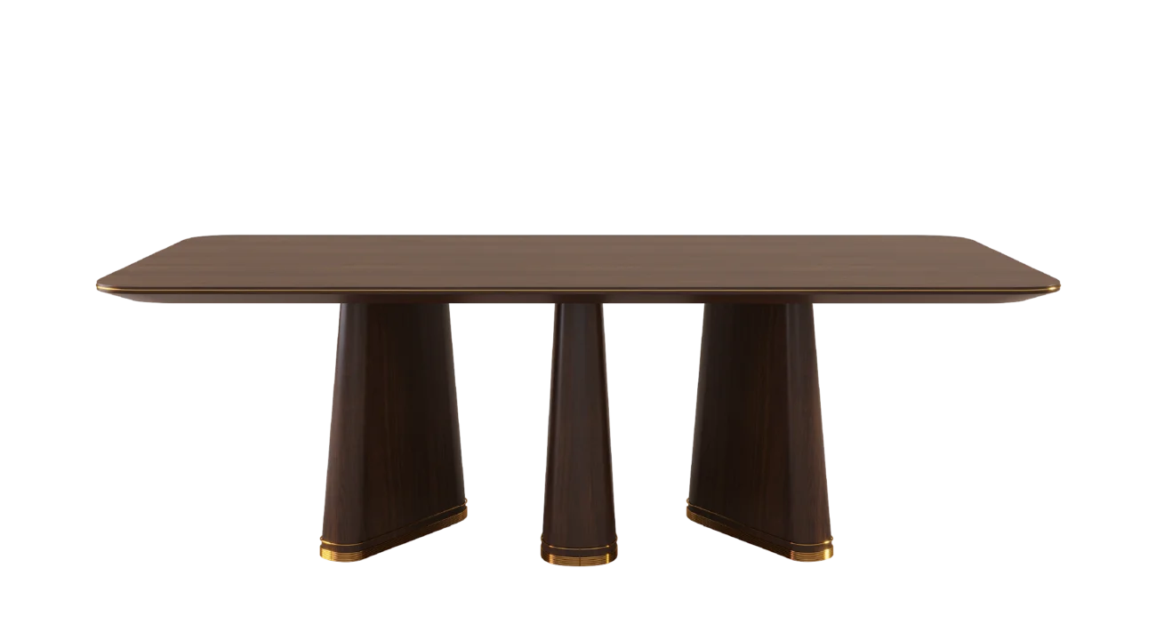 Strauss dining table with dark wood finish, sculptural tapered legs, and gold accents on a neutral background.