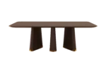 Strauss dining table with dark wood finish, sculptural tapered legs, and gold accents on a neutral background.