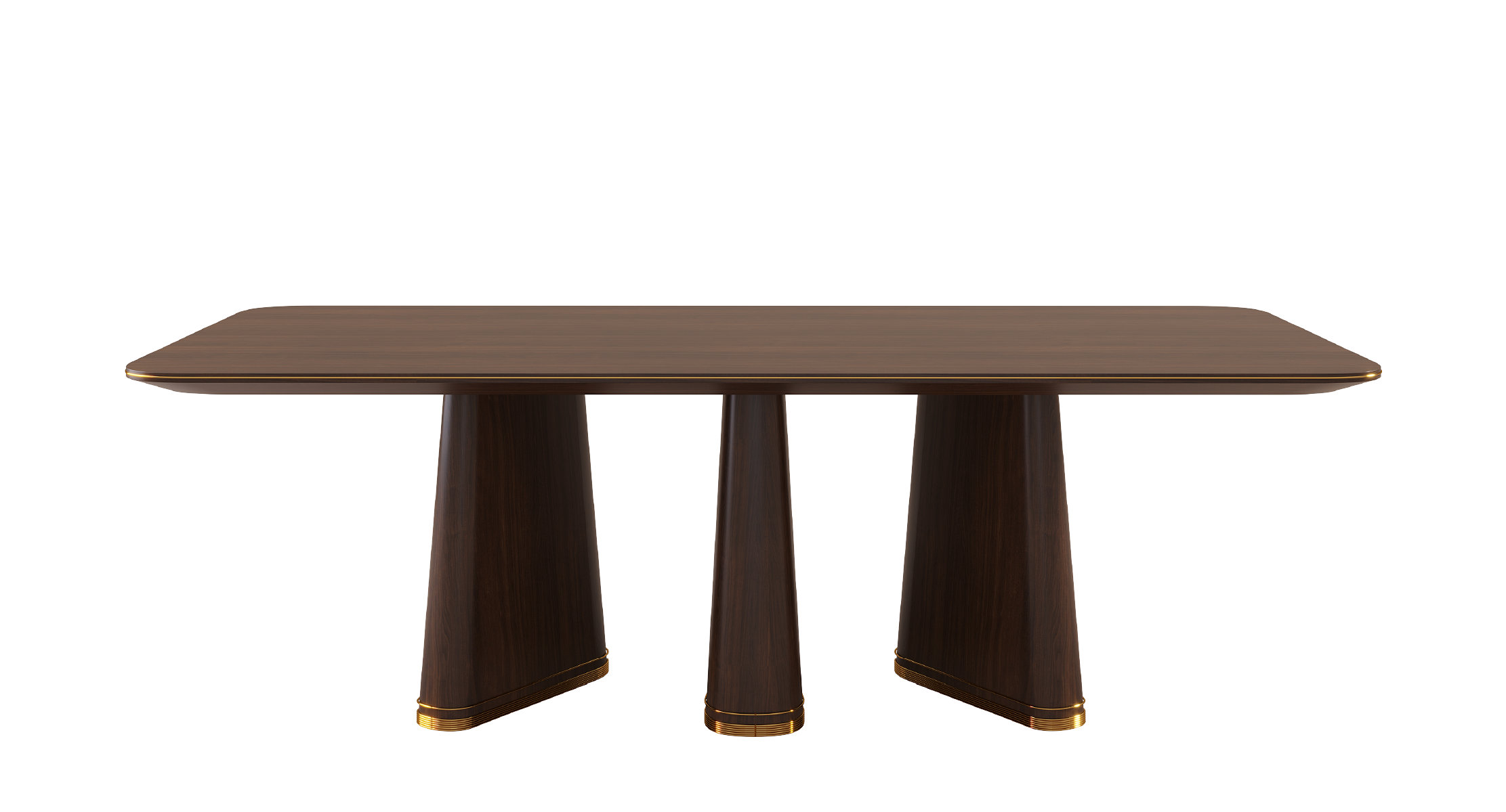 Strauss dining table with dark wood finish, sculptural tapered legs, and gold accents on a neutral background.
