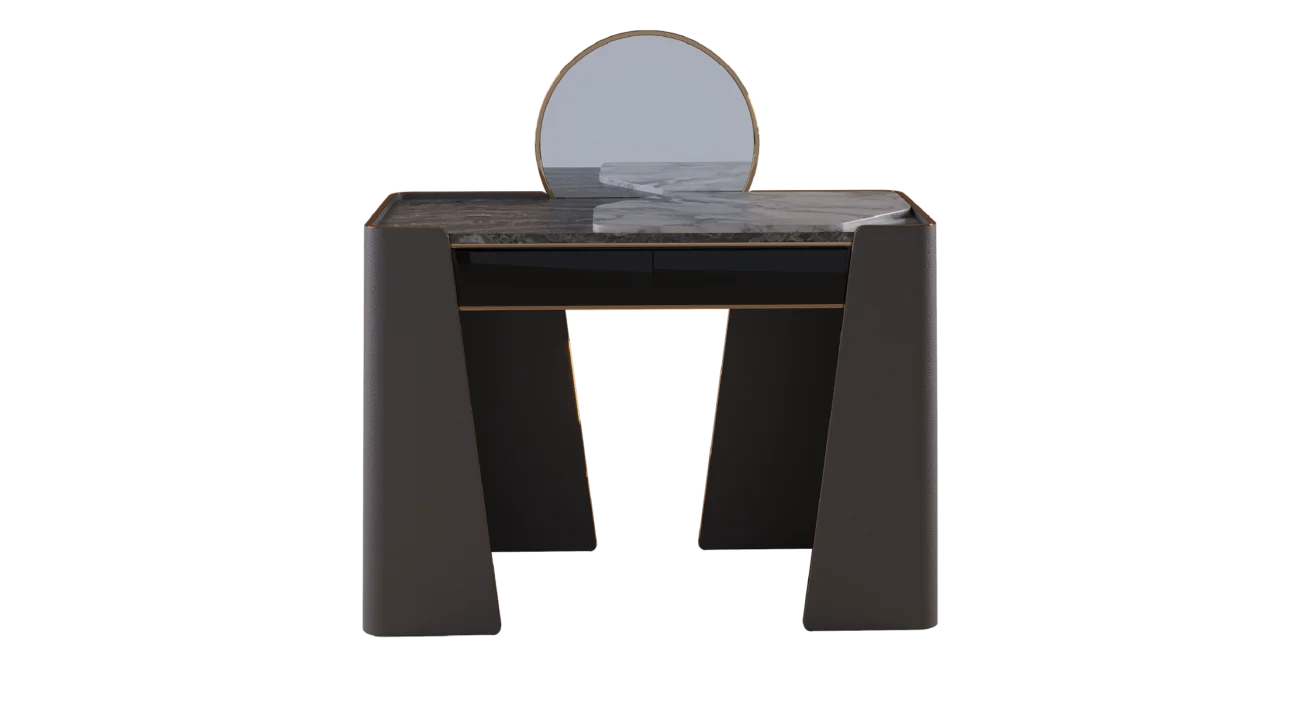 Tallis dressing table with marble top, rounded mirror, and upholstered sides in modern luxury design.