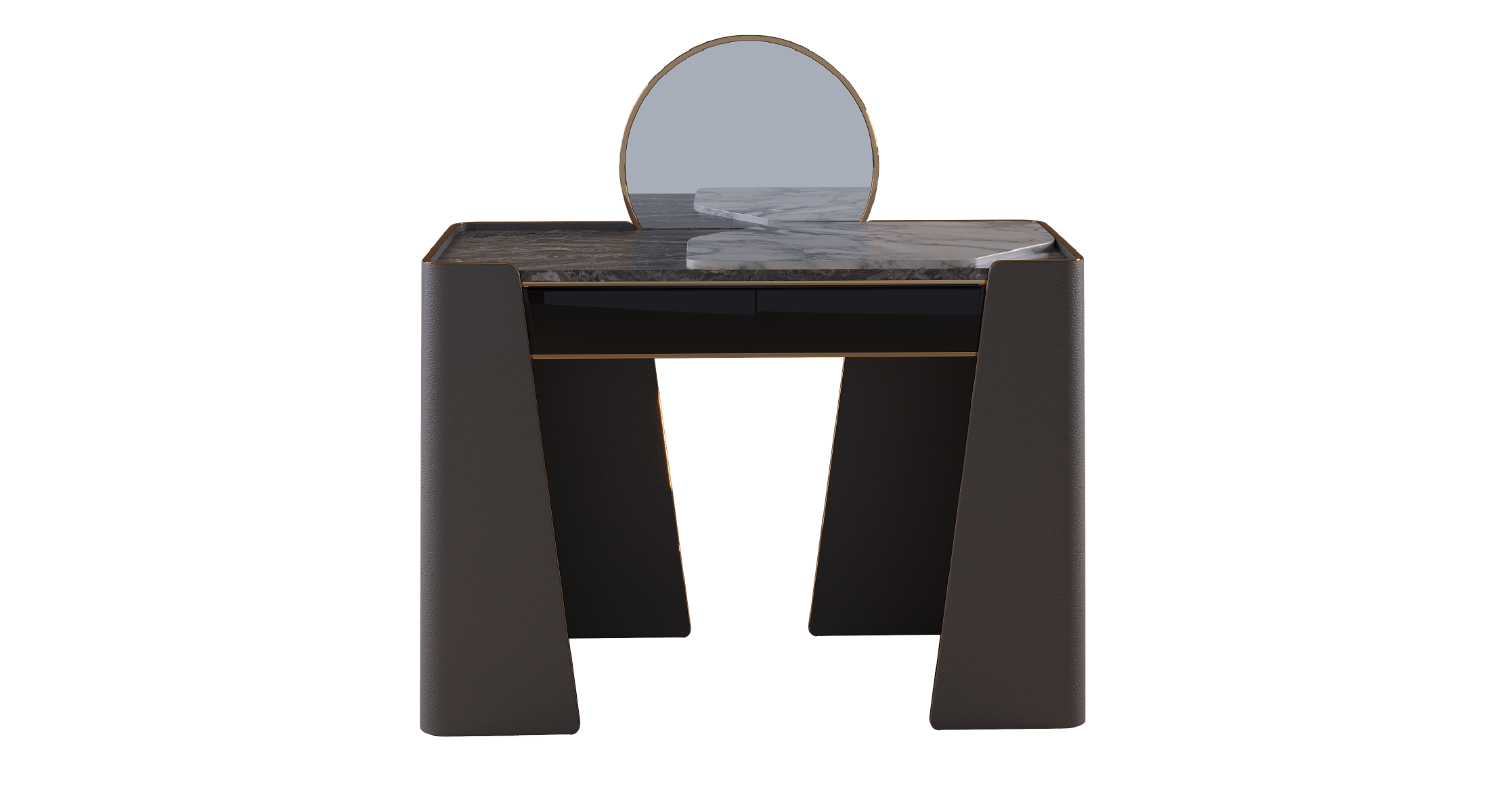 Tallis dressing table with marble top, rounded mirror, and upholstered sides in modern luxury design.