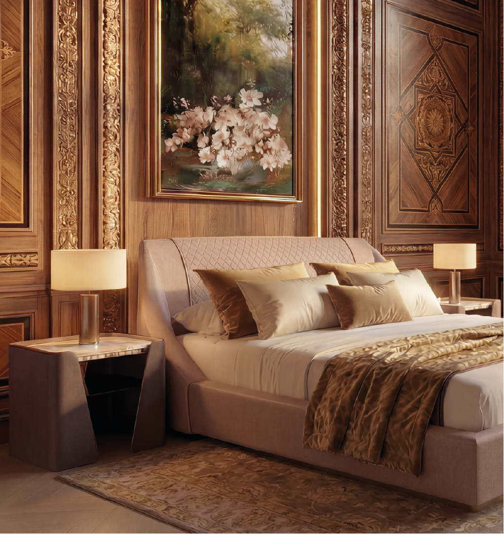 Tallis nightstand with marble top and leather sides in luxurious bedroom with ornate wood paneling.