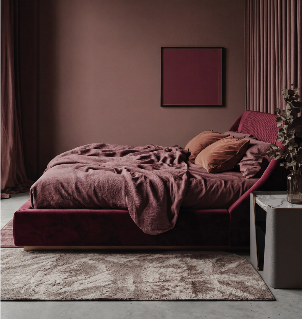 Tallis nightstand with marble top and leather frame beside burgundy upholstered bed in modern bedroom.