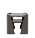 Modern Tallis nightstand with marble top, leather-wrapped sides, and open shelf design.