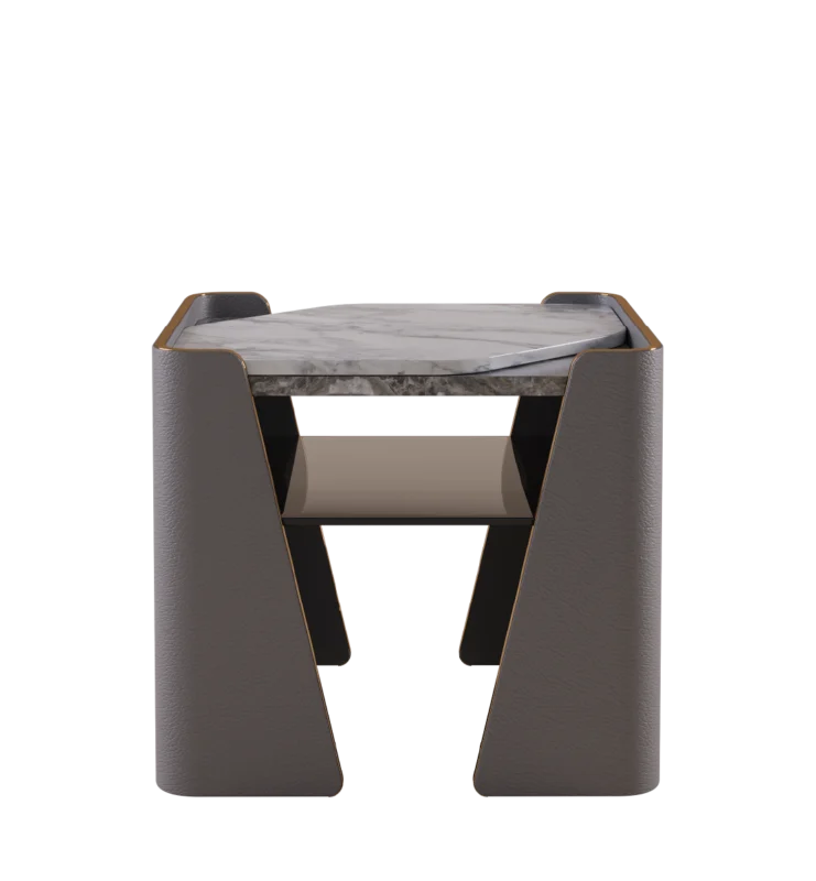 Modern Tallis nightstand with marble top, leather-wrapped sides, and open shelf design.