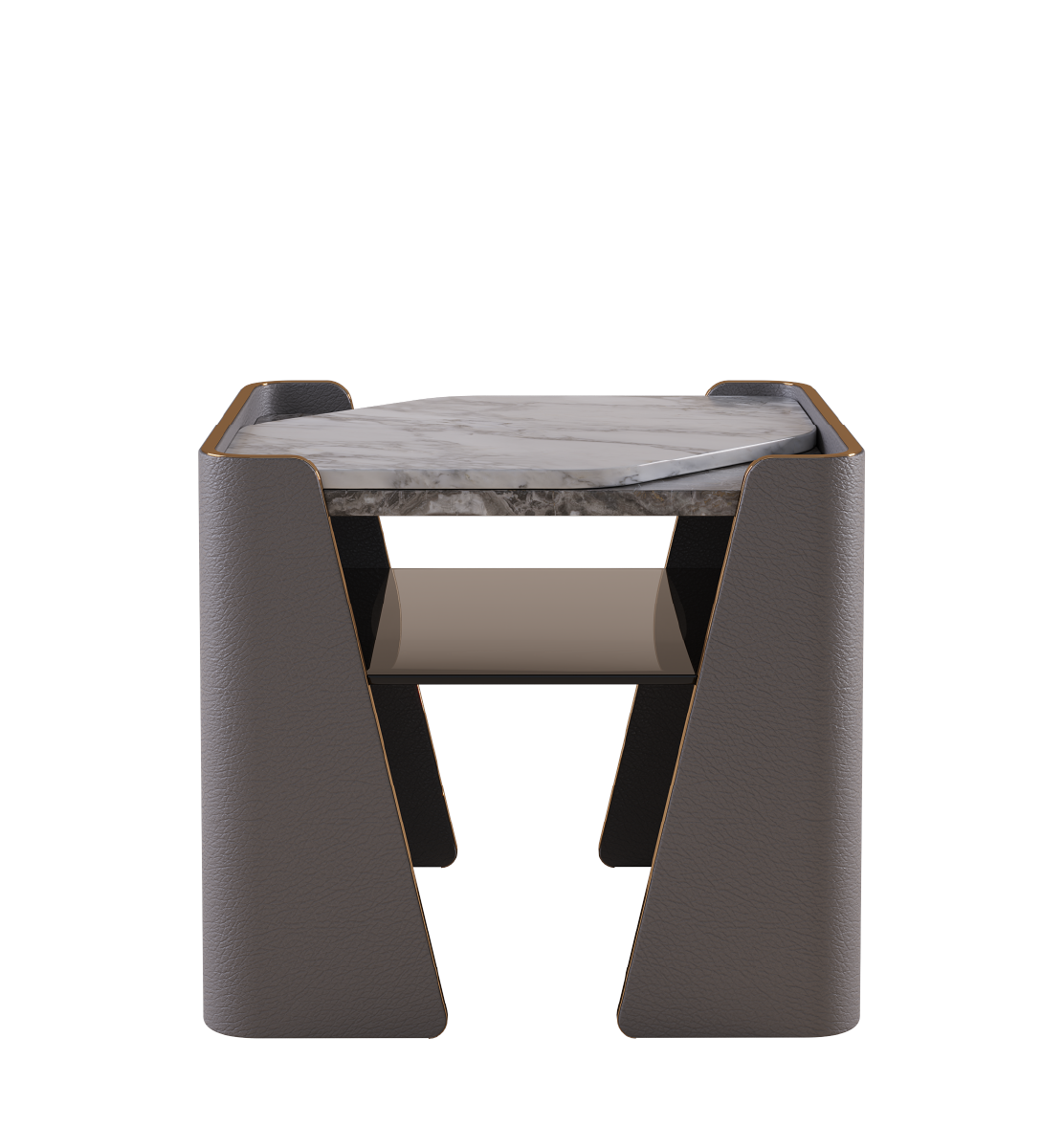 Modern Tallis nightstand with marble top, leather-wrapped sides, and open shelf design.