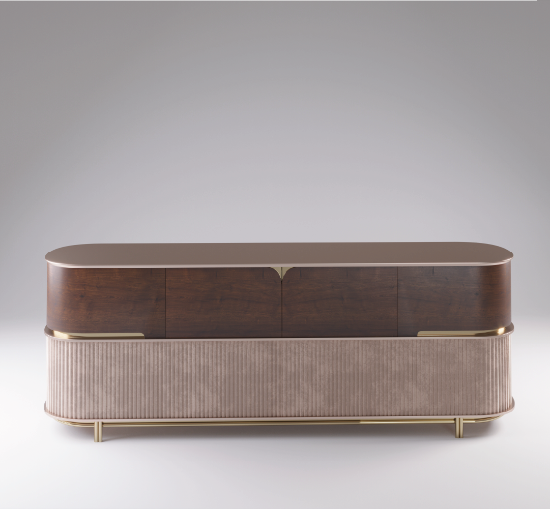 Vaughan sideboard with curved silhouette, wood doors, ribbed base, and brass accents.