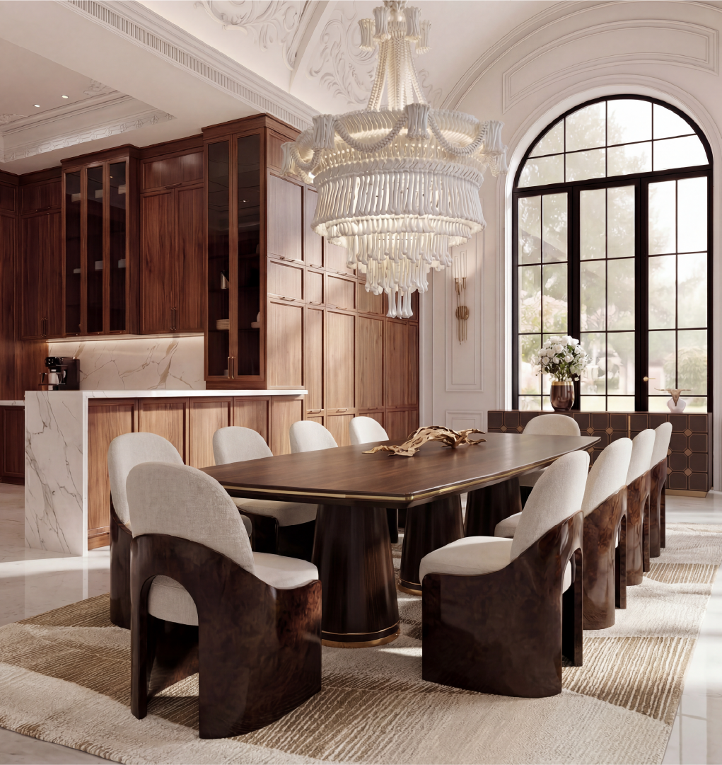 Fauré dining chairs in cream upholstery and walnut root wood around a luxury dining table in an elegant interior