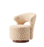 Luxury accent chair with cream and gold patterned upholstery and walnut root wood base