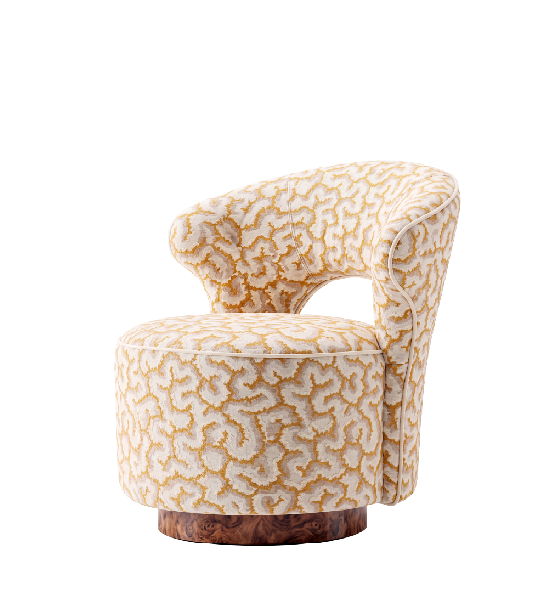 Luxury accent chair with cream and gold patterned upholstery and walnut root wood base