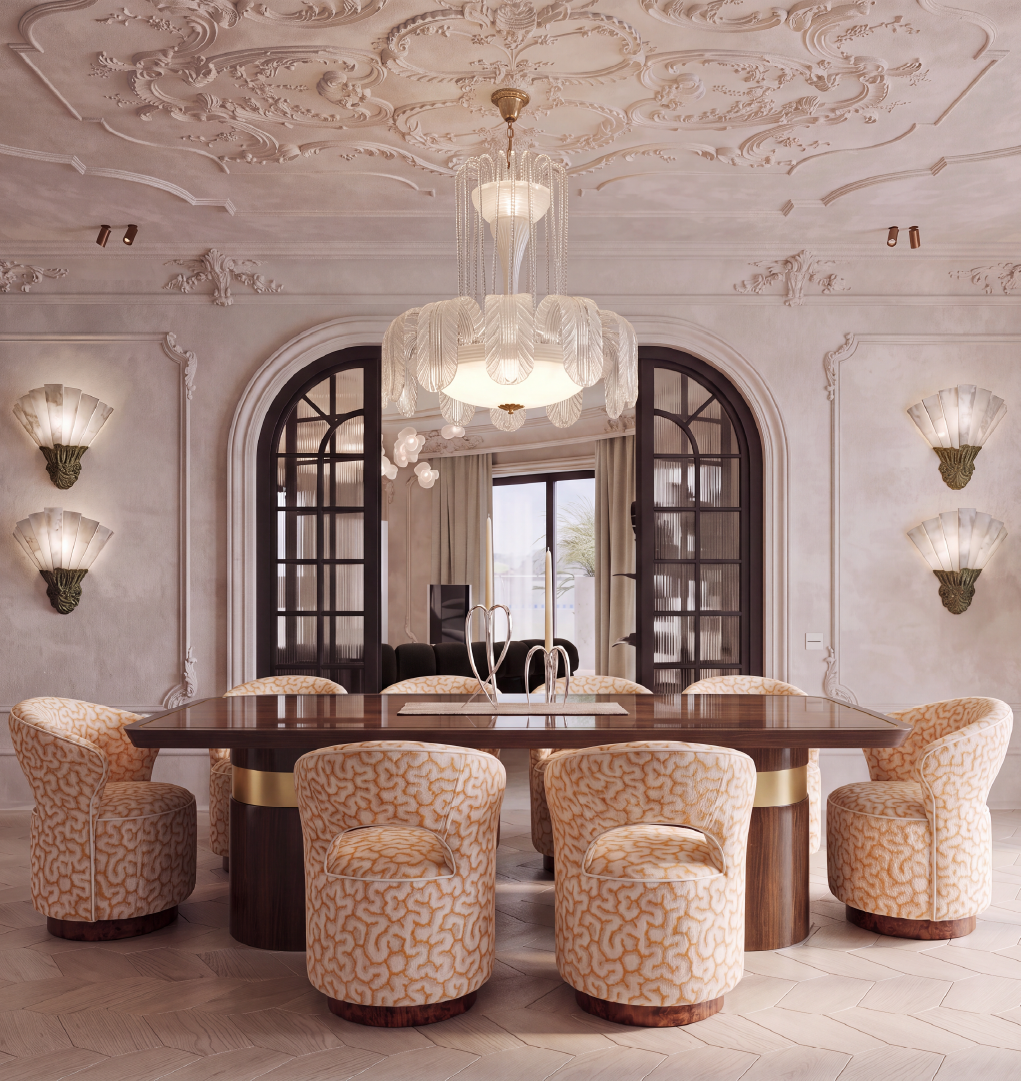 Bizet dining chairs in cream and gold patterned upholstery with walnut root wood bases around a luxury dining table