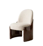 Fauré dining chair with cream bouclé upholstery and curved walnut root wood side panels
