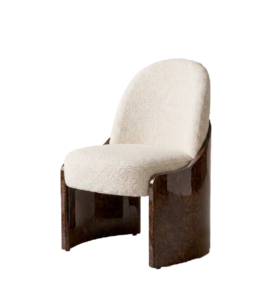 Fauré dining chair with cream bouclé upholstery and curved walnut root wood side panels