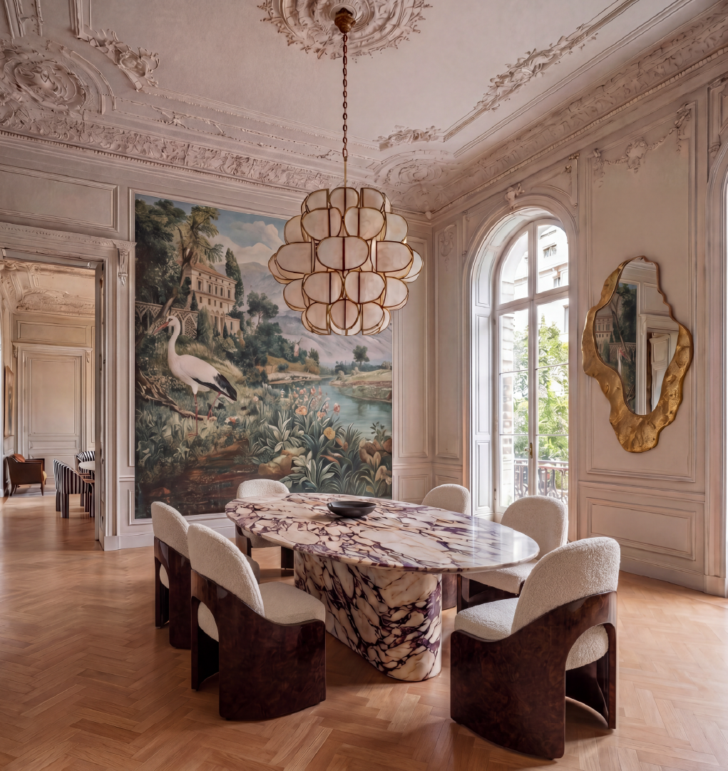 Fauré dining chairs in cream bouclé and walnut root wood around a marble dining table in a classic luxury dining room