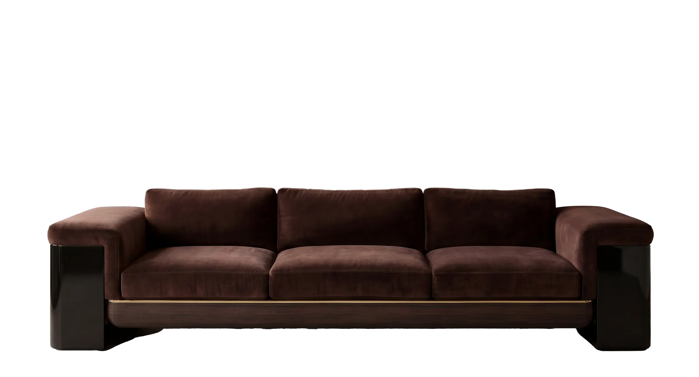 Reich two seater sofa in brown velvet with black side panels and walnut wood base