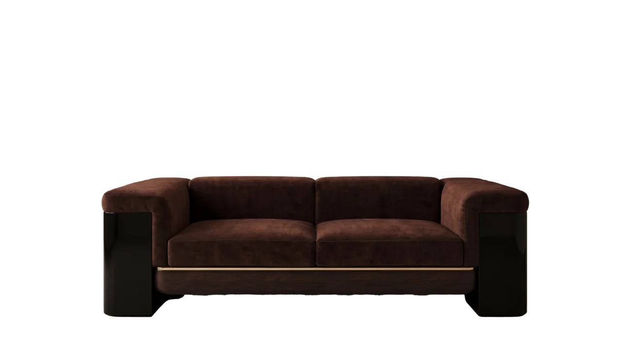 Reich two seater sofa in brown velvet with black side panels and walnut wood base