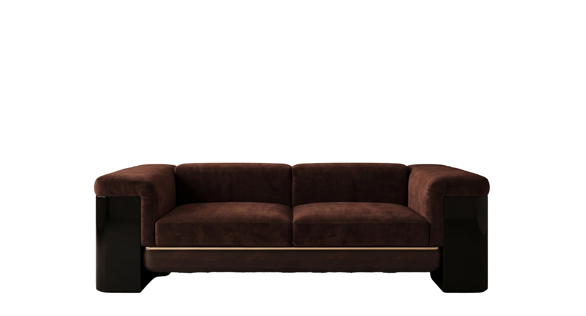 Reich two seater sofa in brown velvet with black side panels and walnut wood base
