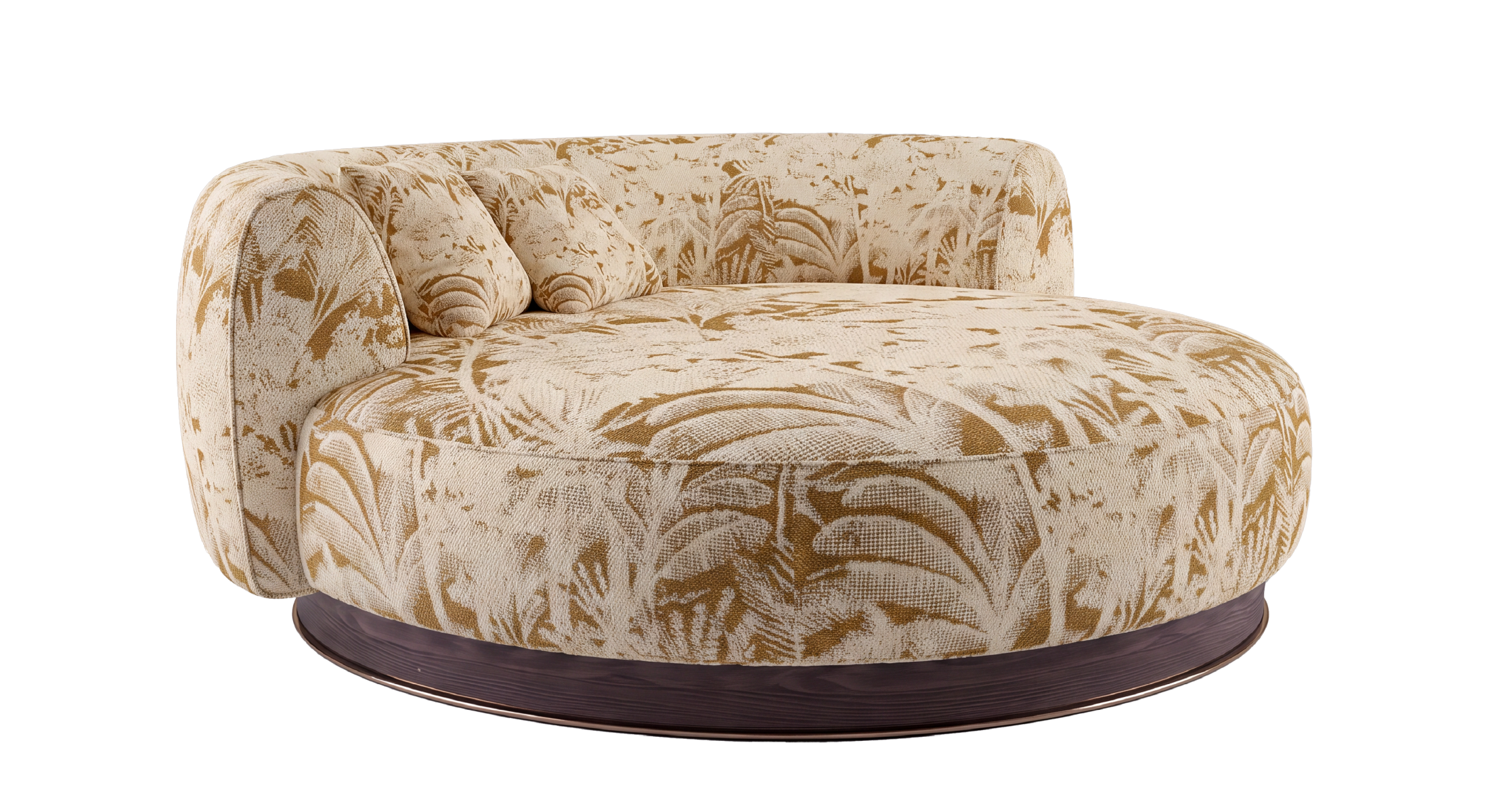 Hedy chaise lounge in cream and gold botanical upholstery with rounded silhouette and dark walnut wood base