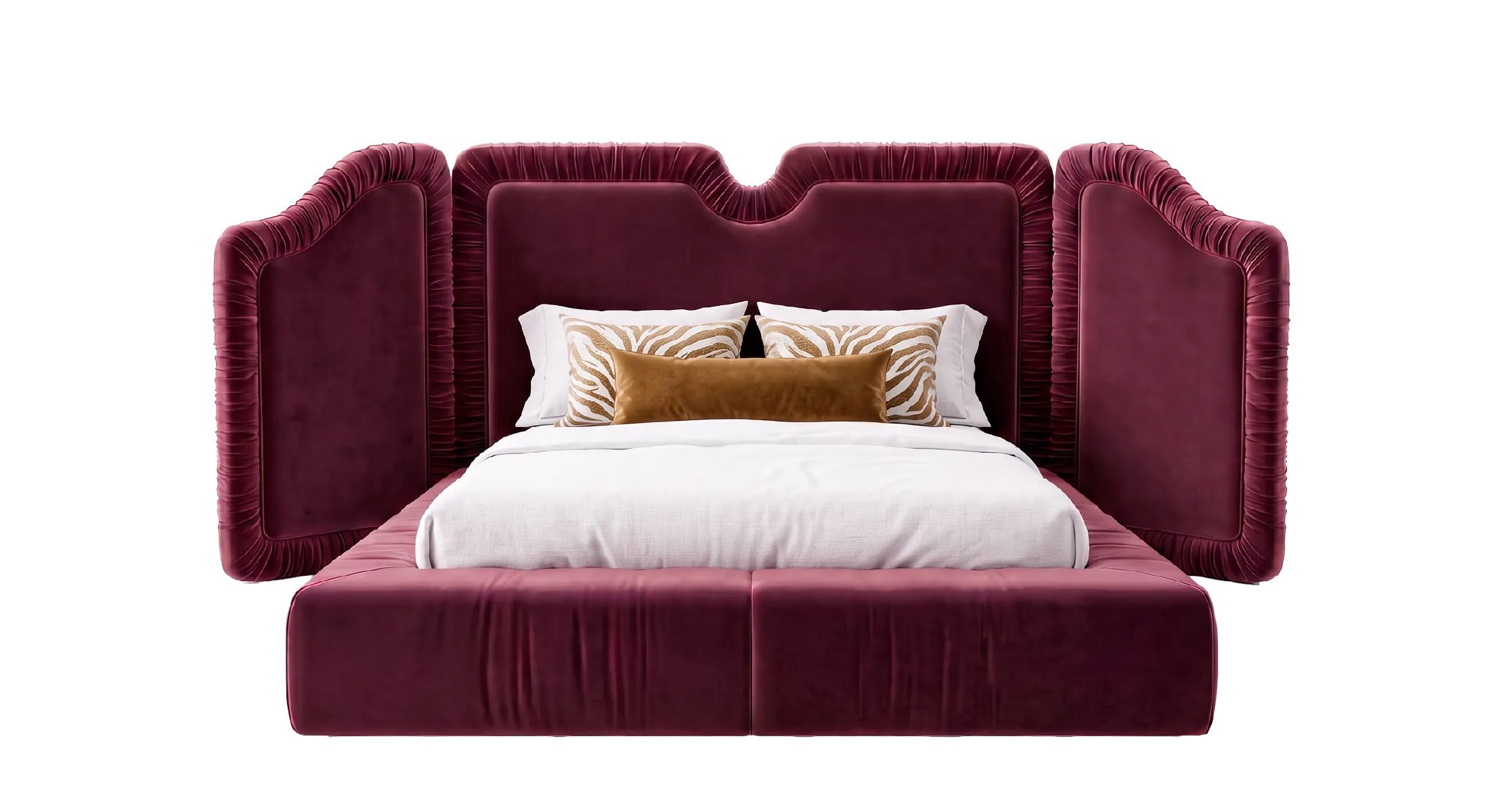 Luxury upholstered bed in burgundy velvet with sculptural winged headboard and platform base