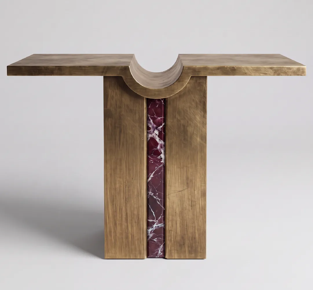 Puccini luxury console table with an antique brass finish, sculptural curved tabletop and burgundy marble inlay with white veining
