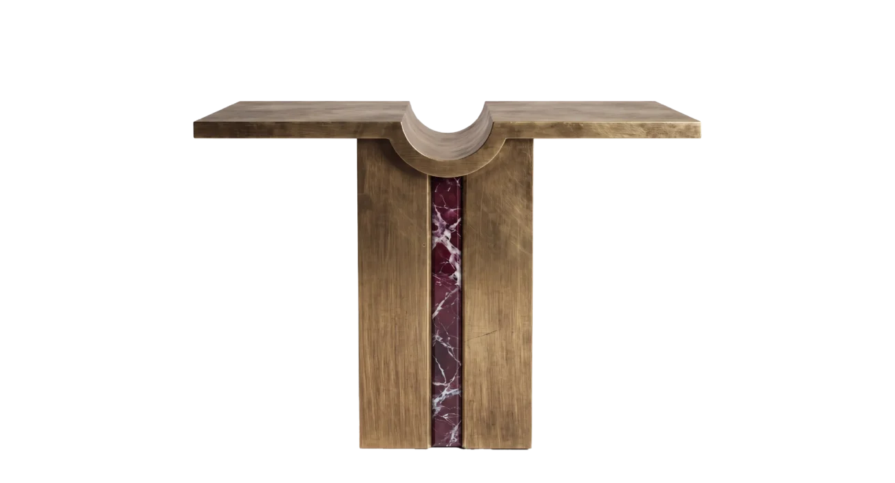 Puccini luxury console table with an antique brass finish, sculptural curved tabletop and burgundy marble inlay with white veining