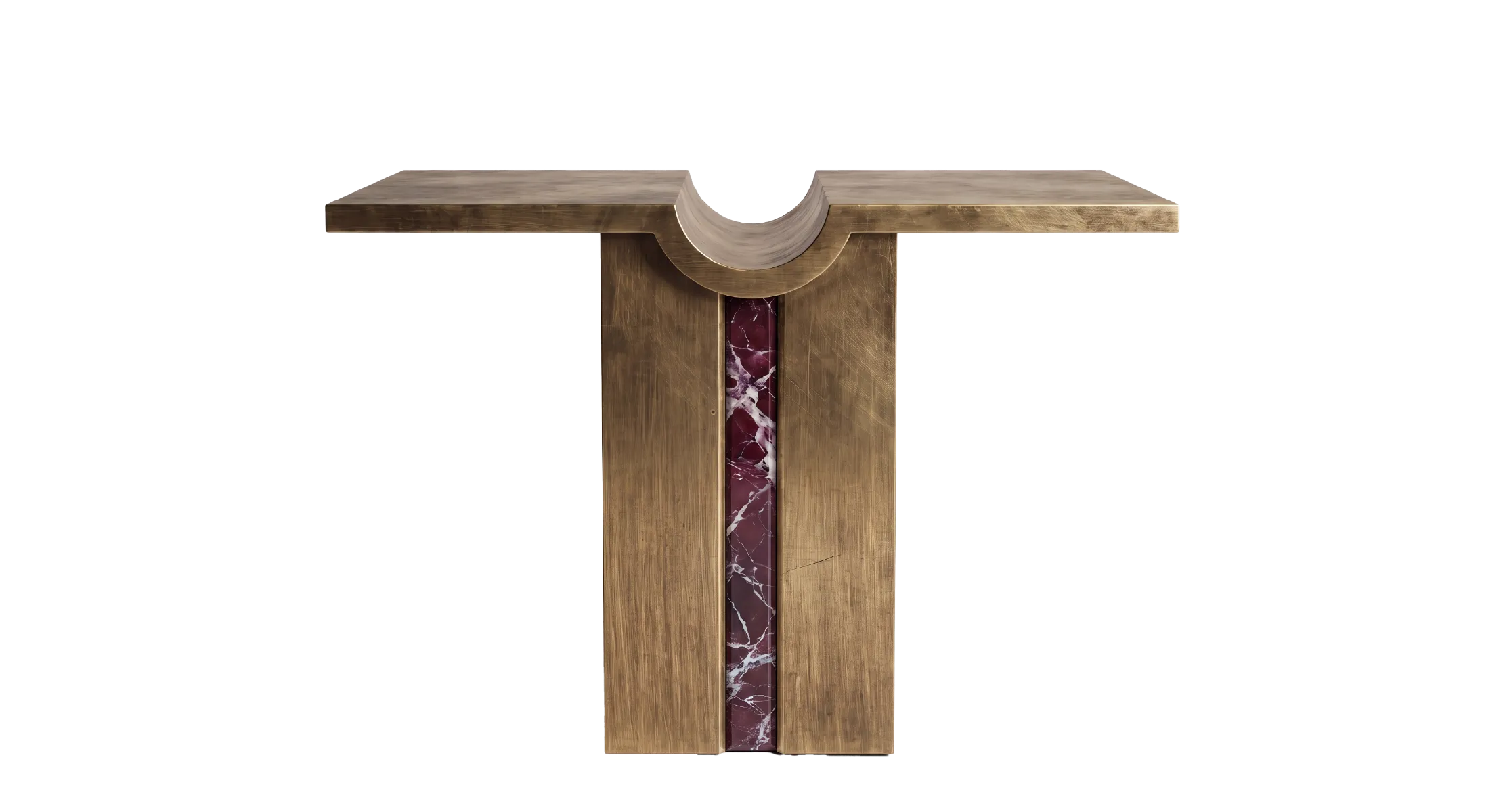 Puccini luxury console table with an antique brass finish, sculptural curved tabletop and burgundy marble inlay with white veining